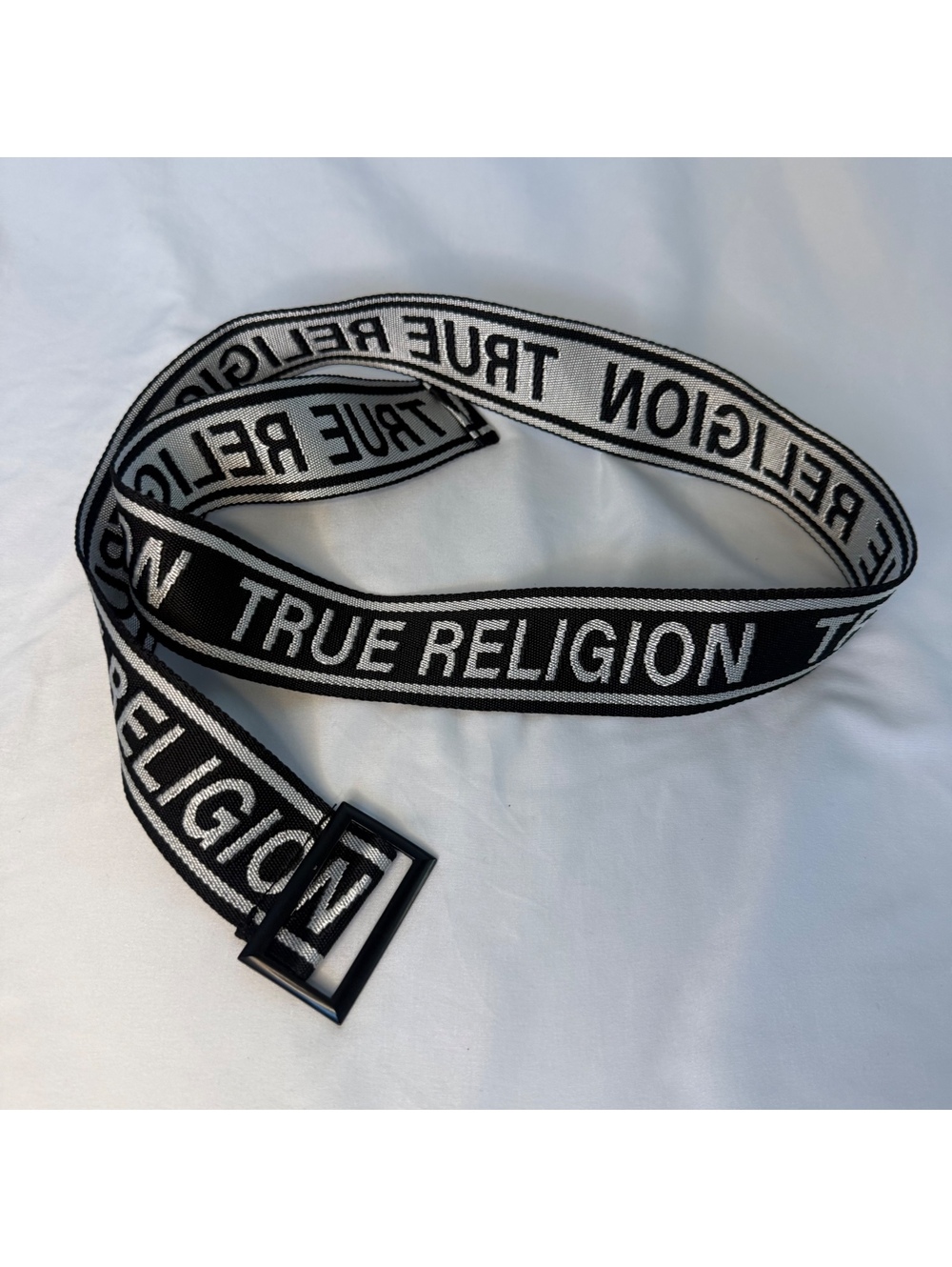 True Religion Black and White Logo Webbing Belt